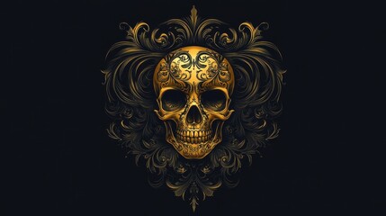 Ornamented golden skull amidst ornate floral design on black background