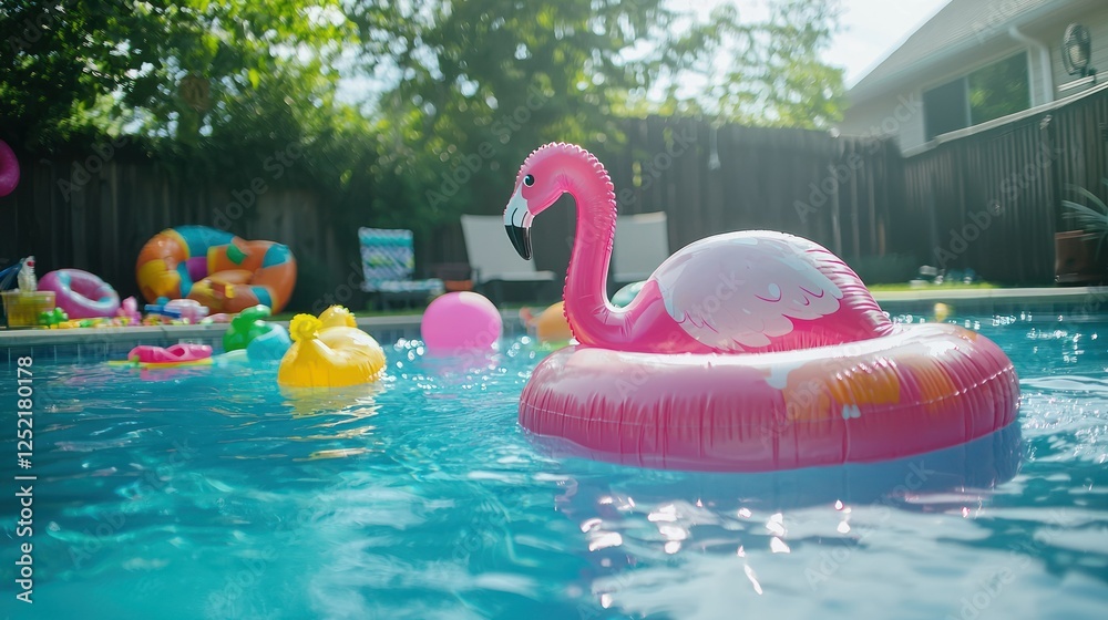 Poster A child-friendly flamingo floaty surrounded by pool toys and colorful floaties in a backyard pool. 