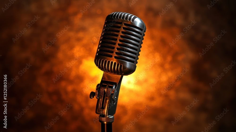 Poster a classic studio microphone on a stand, illuminated by warm studio lighting.