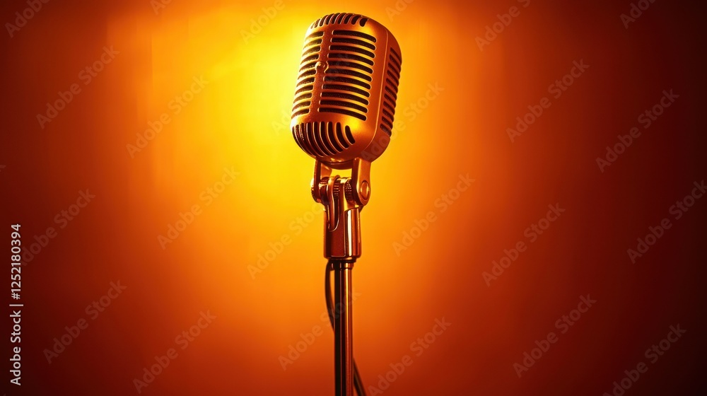 Poster a classic studio microphone on a stand, illuminated by warm studio lighting.