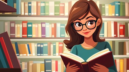 A person reading a book in front of a filled bookshelf with various book colors