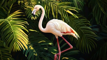 Fototapeta premium A clean vector illustration of a flamingo standing gracefully on one leg with a tropical leaf background. 