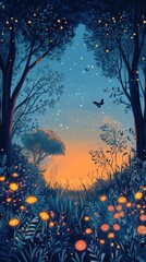 Enchanted forest clearing at twilight with glowing flowers