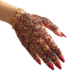 Hand adorned with intricate henna designs for Eid, cultural beauty tradition, isolated on transparent background, png