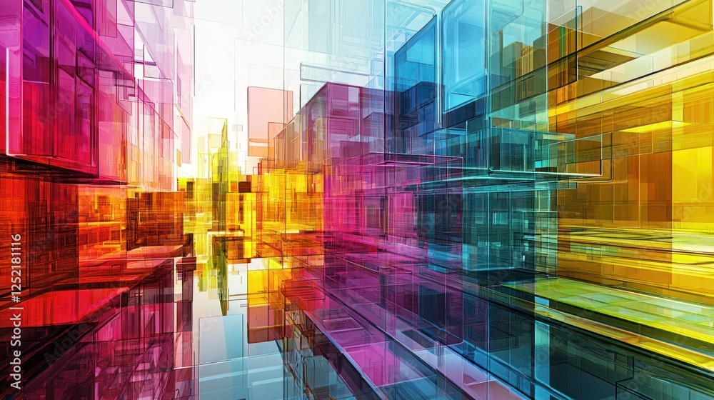 Poster A colorful abstract representation of property development processes in digital art. 