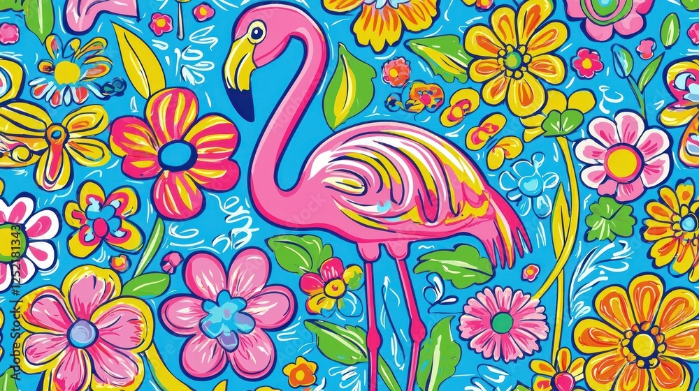Poster a colorful flamingo and flower pattern with a hand-drawn, playful style for summer themes