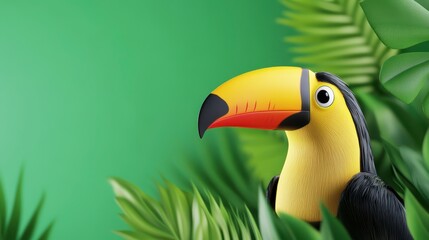 Naklejka premium Colorful Toucan Surrounded by Lush Green Tropical Leaves