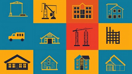 Obraz premium A colorful infographic featuring property development icons for commercial and residential projects.