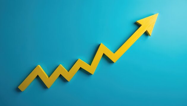 Yellow wooden arrow with zig-zag tail points upwards on blue background. Business concept, market growth. Financial chart, stock market, investment rise, economic success, positive trend,