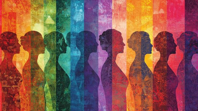 A colorful International Women's Day background with overlapping silhouettes of empowered women. 