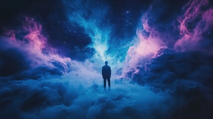 Obraz premium Silhouetted figure stands within vibrant ethereal cosmic nebula clouds