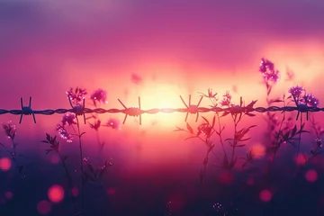 Gordijnen A barbed wire fence stretches across the foreground, framing colorful wildflowers as dawn breaks, casting warm light over the landscape © Road Red Runner