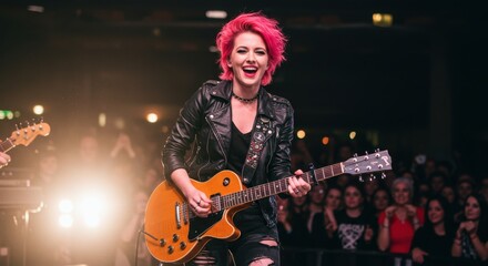 Energetic female guitarist performing on stage at a vibrant concert with an enthusiastic crowd