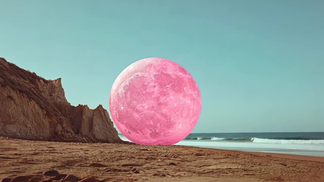 Giant pink moon rising over a sandy beach with cliffs and waves under a clear blue sky