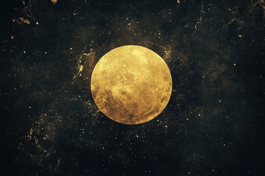 Golden celestial sphere against a dark starry cosmic backdrop