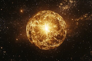 Obraz premium A golden star emits powerful light in deep space
