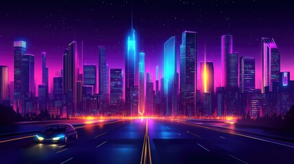 Neon Cityscape At Night With Car Driving On Highway