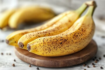 Ripe yellow bananas with brown speckles sit on a wooden platform, showcasing their freshness against a neutral backdrop