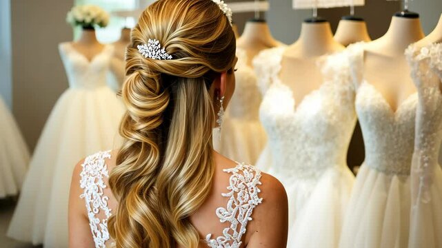 A bride with long blonde hair styled in an elegant half-up, half-down hairstyle wearing a delicate crystal brooch on her shoulder, standing next to wedding dresses