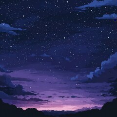 Fototapeta premium Starry night landscape with purple clouds and silhouetted trees