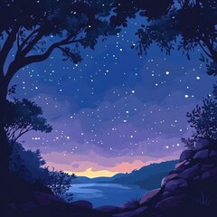 Fototapeta premium Starry night sky is framed by trees and landscapes