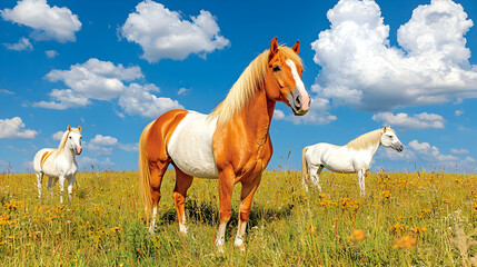 Obraz premium Three palomino horses in a summer field