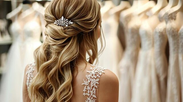 A bride with long blonde hair styled in an elegant half-up, half-down hairstyle wearing a delicate crystal brooch on her shoulder, standing next to wedding dresses