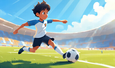 Obraz premium The little boy is playing football on the field