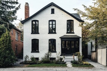 Nestled in a tranquil neighborhood, this enchanting white brick house is beautifully framed by lush greenery, showcasing the vibrant colors of autumn