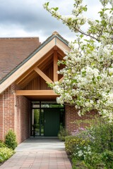 Beautiful entrance of a contemporary house featuring blooming white flowers, wooden accents, and lush landscaping in the early springtime