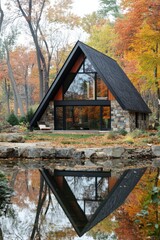 A contemporary cabin beautifully merges glass and stone, set against a lively autumn backdrop by a tranquil pond that mirrors the vibrant foliage