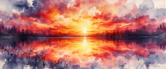 Watercolor fiery sunset over calm lake, dramatic sky