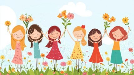 A cute International Women's Day illustration featuring cartoon-style women celebrating with flowers. 