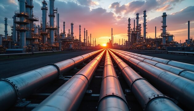 Perspective view of factory pipelines at sunset. Crude gas, oil pipes of refinery plant or petrochemical industry. Steel industrial lines against setting sun sky. Concept of energy, fuel production.