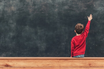 A boy is standing in front of a blackboard and pointing up