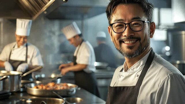 A portrait of an Asian male chef in his restaurant, wearing glasses and smiling at the camera while standing next to kitchen equipmen