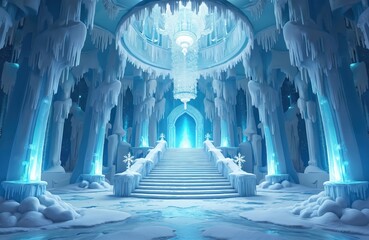 Enchanting ice castle hall background. Glistening ice sculptures, shimmering chandeliers, falling snowflakes. Winter landscape with a majestic icy palace, stairway and frozen architecture.