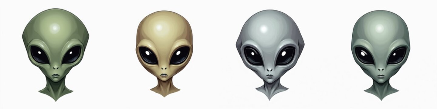 Illustration of alien heads collection with different skin colors on transparent background. Extraterrestrial humanoid face design elements for sci-fi projects, logotypes, icons. Assorted set render.