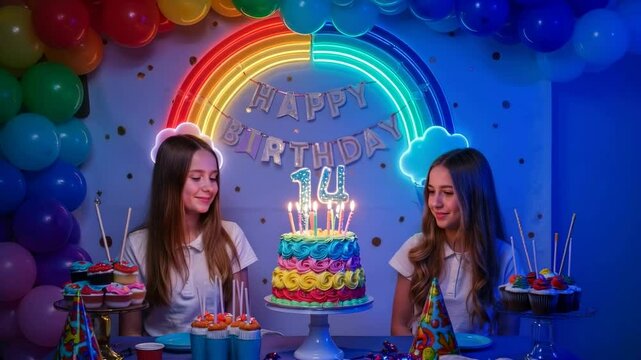 Two girls celebrating a colorful 14 birthday party with cake, balloons, and a rainbow backdrop