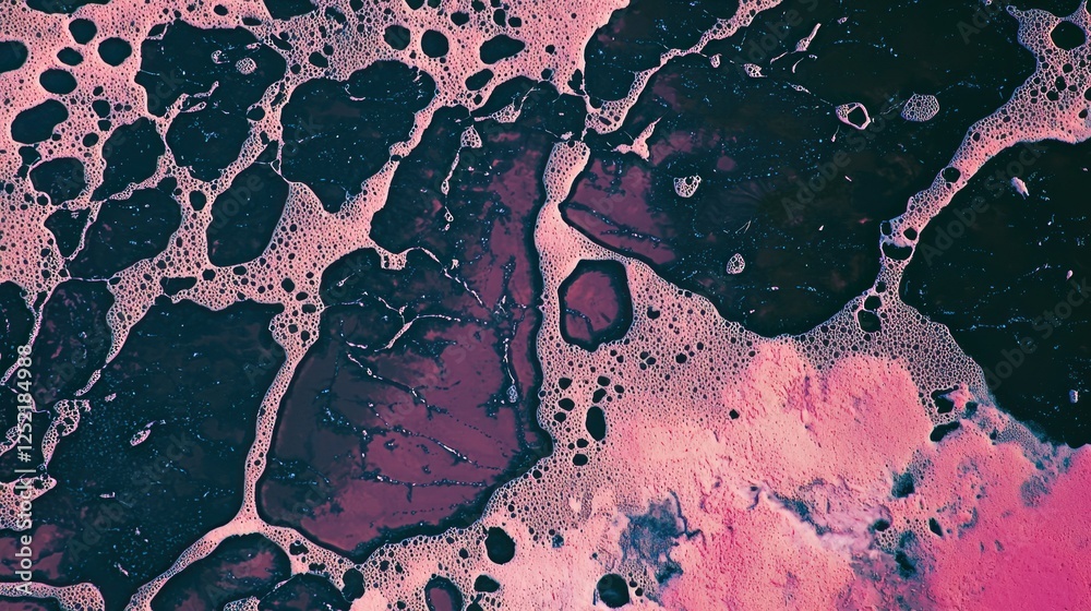 Poster A dramatic aerial view of flamingos in a vast wetland, creating patterns and shapes. 