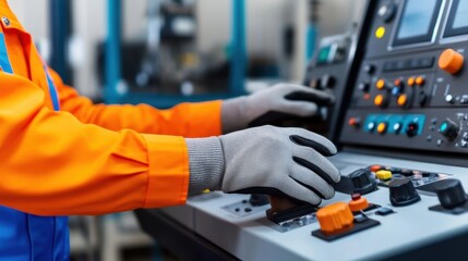 Close-up, worker's hands in gloves, operating machinery control panel, in a factory setting.