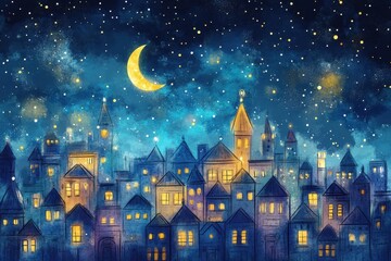 Naklejka premium Watercolor city landscape shines under a crescent moon and stars