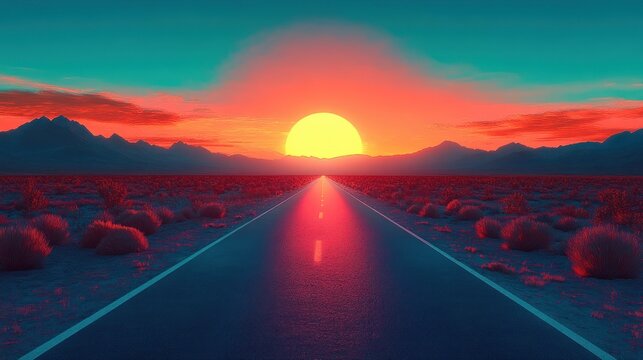 Goal Setting Journey on a Straight Road Towards Achievement and Growth in a Surreal Sunset Landscape