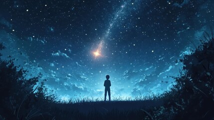Fototapeta premium Child silhouette looks up to the stunning starlit night sky