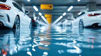 Obraz premium Flooded underground parking garage, cars submerged in blue water, reflecting lights.