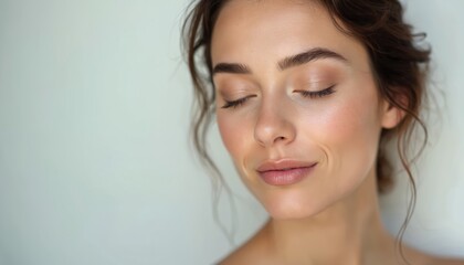 Fototapeta premium Close-up portrait of woman with natural make-up, closed eyes, glowing skin, soft light. Serene girl with fresh, clean, healthy skin. Wellness, relaxation, beauty, skincare, content.