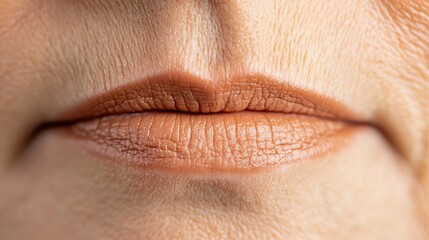 Obraz premium Close-up of woman's lips with light brown lipstick. Possible use in beauty, cosmetics, or aging skincare articles