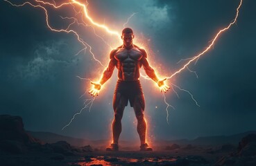 Obraz premium Strong muscular man in lightning flashes, athlete silhouette with energy. Electric thunderbolts poster, fit body experiencing power. Gym exercise background. Quantum energy illustration.