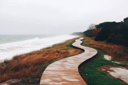 A long wooden boardwalk runs along the beach