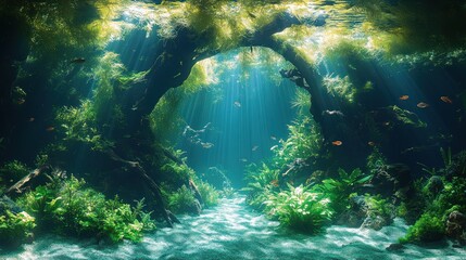 Underwater plantscape, sunbeams, fish, aquarium, serene, nature, background, design